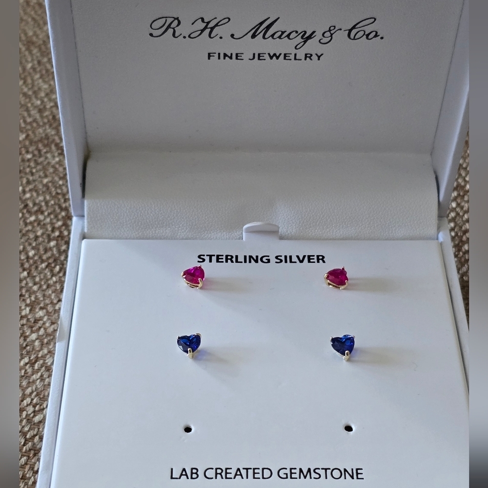 Macys 18k Sterling Silver Earrings Set  Pink and Blue New - Picture 2 of 6